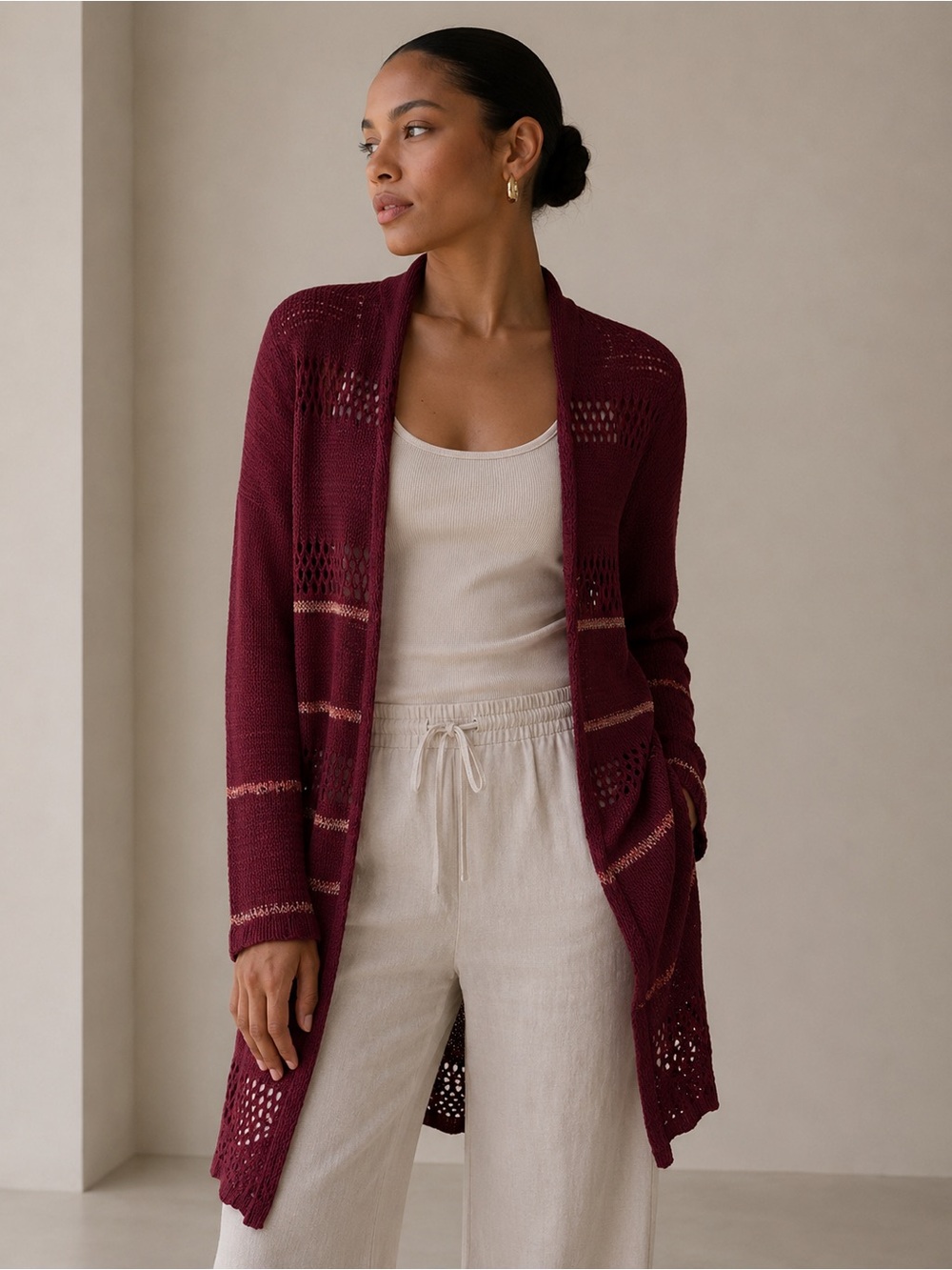 Lucky Brand Open-Front Burgundy Knit Cardigan Sweater Size Medium